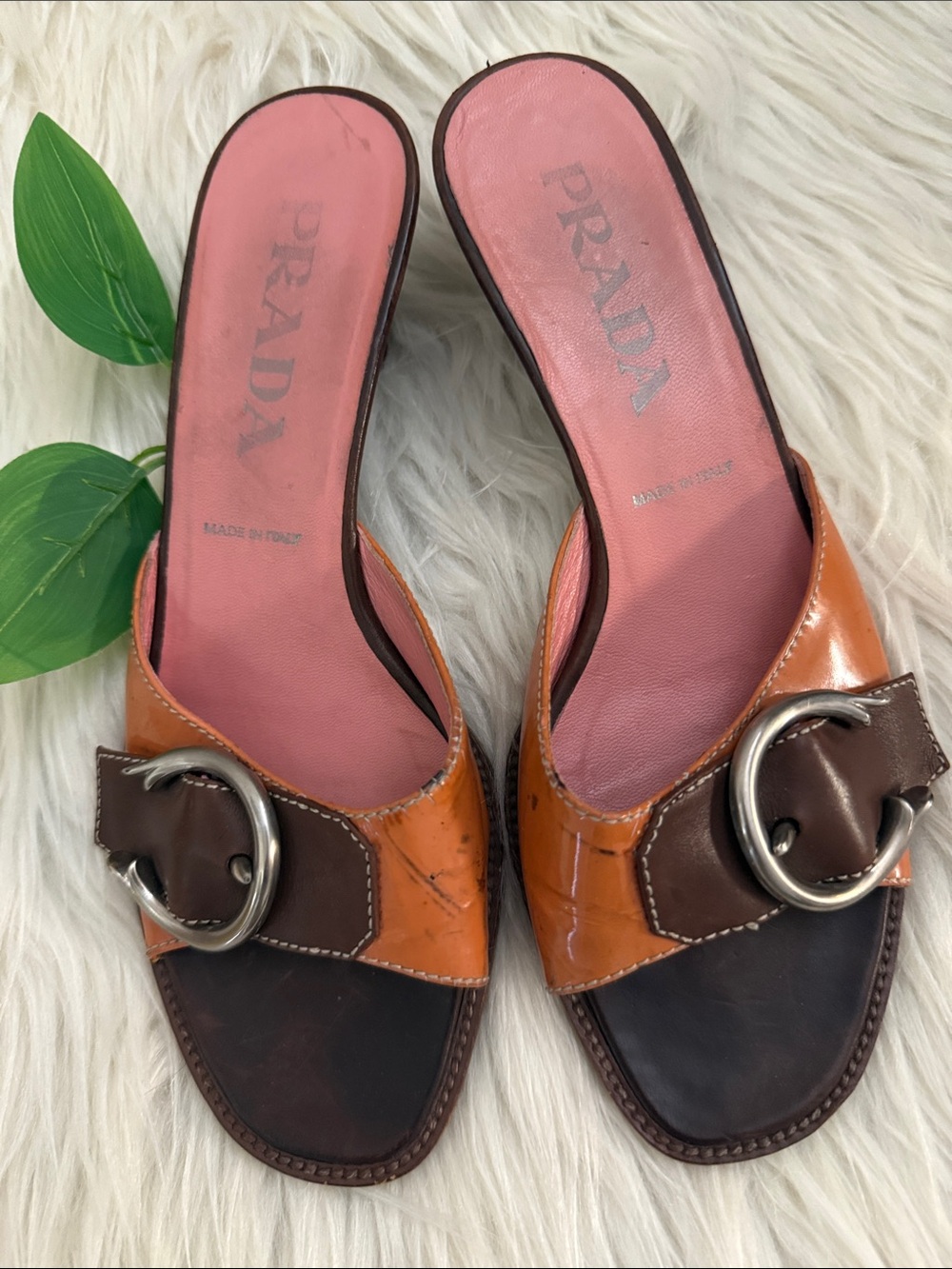Authentic Vintage Prada Leather Slide Sandals Orange Brown Silver Buckle Made in